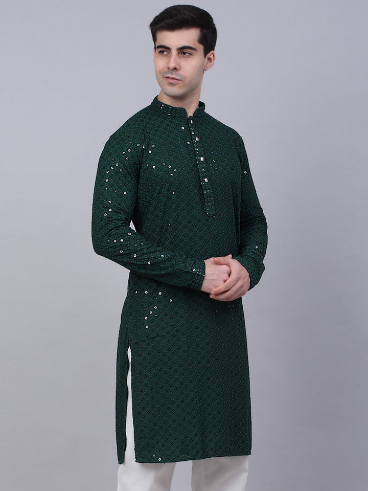 Men Olive Green Chikankari Embroidered And Sequence Kurtas.