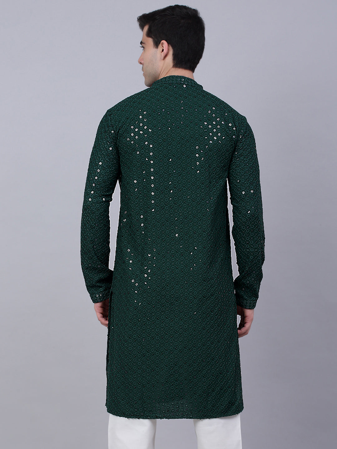 Men Olive Green Chikankari Embroidered And Sequence Kurtas.