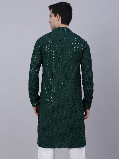 Men Olive Green Chikankari Embroidered And Sequence Kurtas.