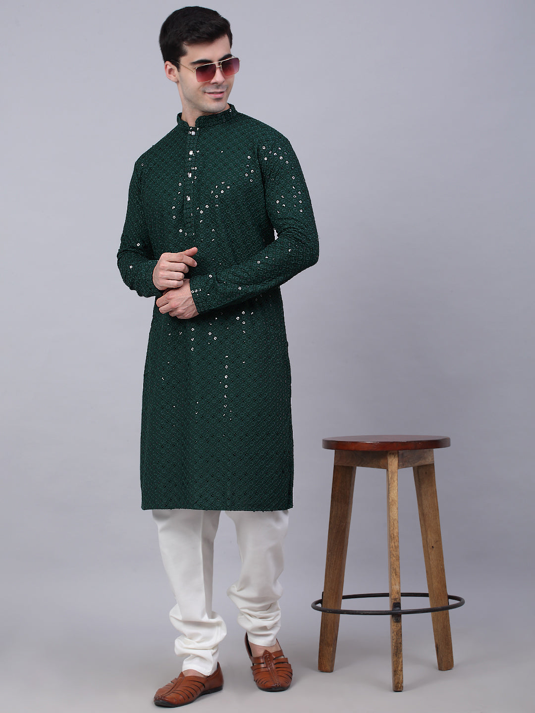Men Olive Green Chikankari Embroidered And Sequence Kurtas.