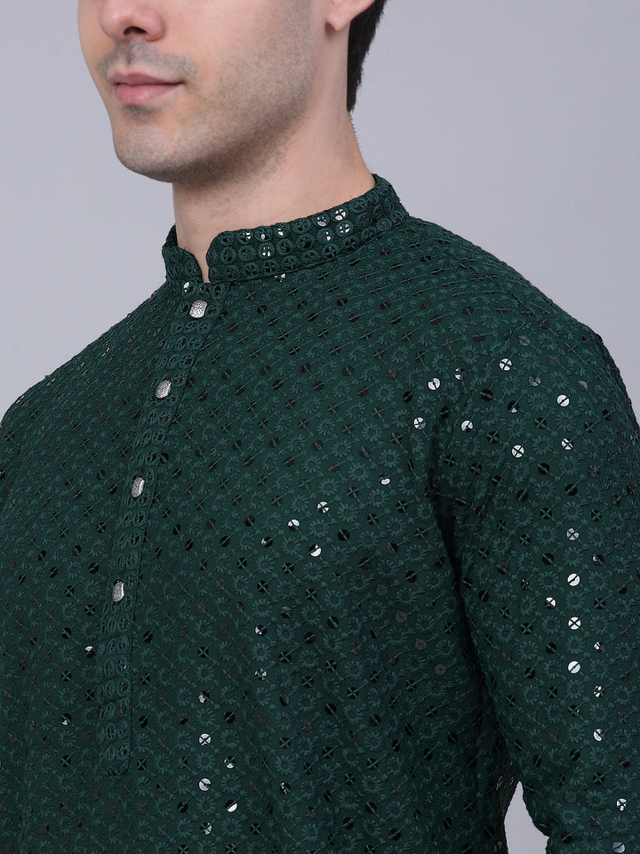 Men Olive Green Chikankari Embroidered And Sequence Kurtas.