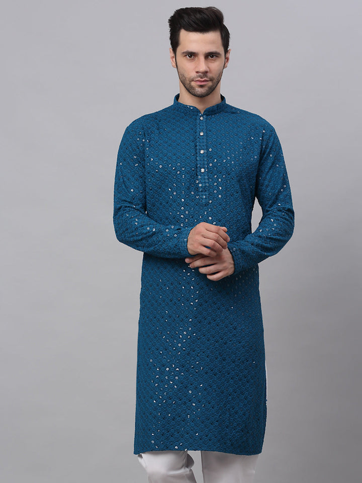 Men Blue Chikankari Embroidered And Sequence Kurtas