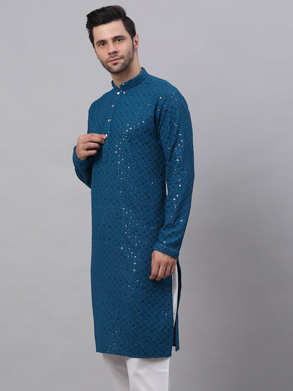 Men Blue Chikankari Embroidered And Sequence Kurtas