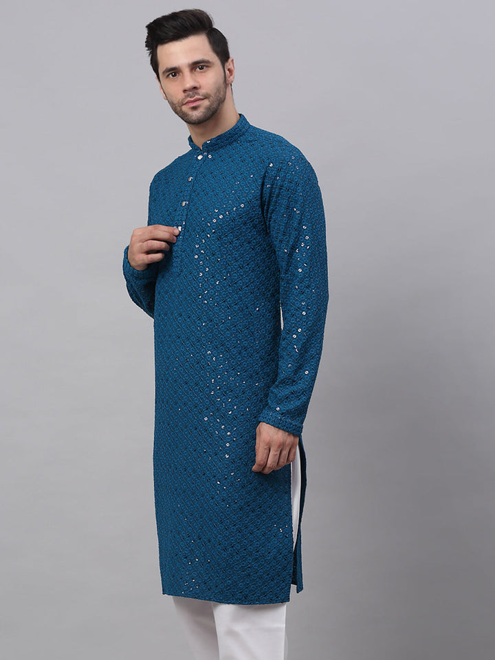Men Blue Chikankari Embroidered And Sequence Kurtas
