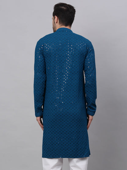 Men Blue Chikankari Embroidered And Sequence Kurtas