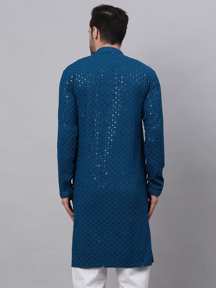 Men Blue Chikankari Embroidered And Sequence Kurtas