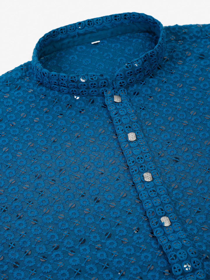 Men Blue Chikankari Embroidered And Sequence Kurtas