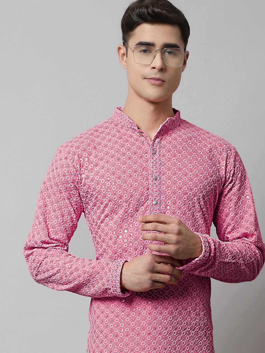 Men Pink Chikankari Embroidered And Sequence Kurtas