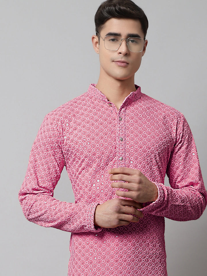 Men Pink Chikankari Embroidered And Sequence Kurtas