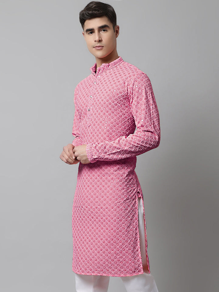 Men Pink Chikankari Embroidered And Sequence Kurtas