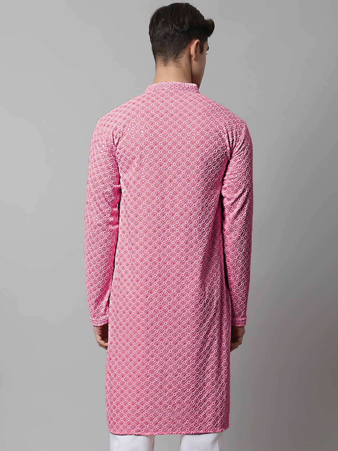Men Pink Chikankari Embroidered And Sequence Kurtas