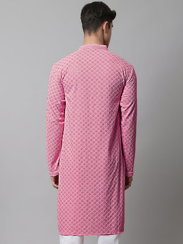 Men Pink Chikankari Embroidered And Sequence Kurtas