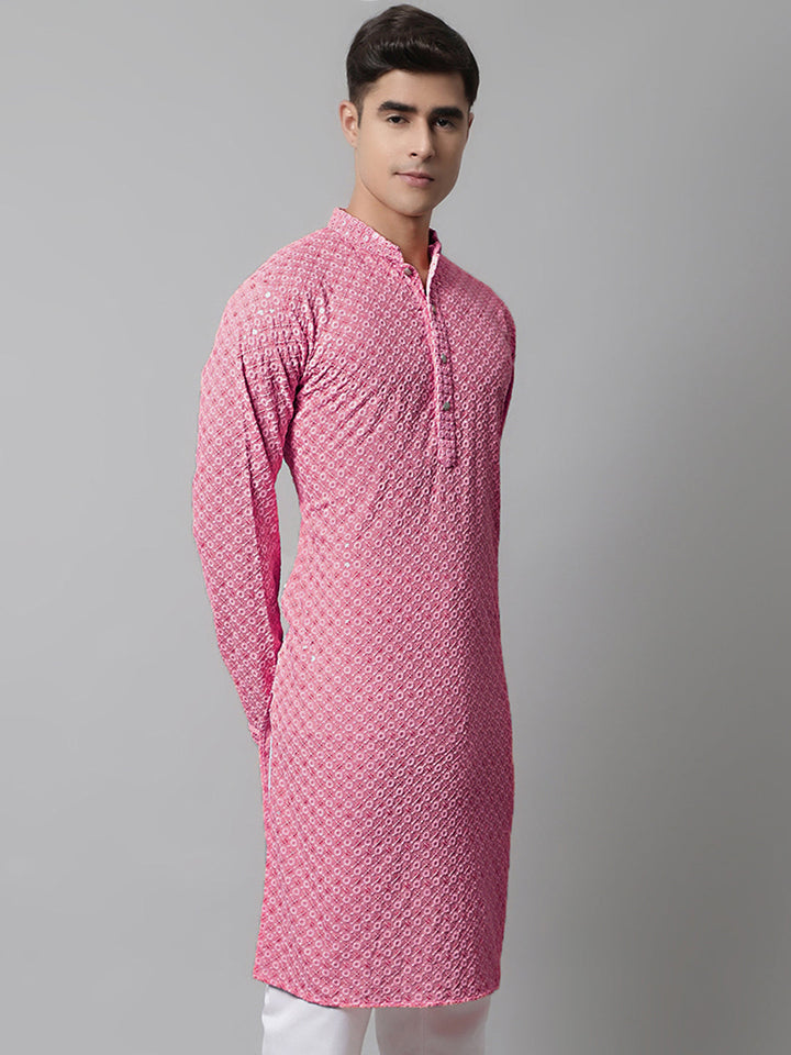 Men Pink Chikankari Embroidered And Sequence Kurtas