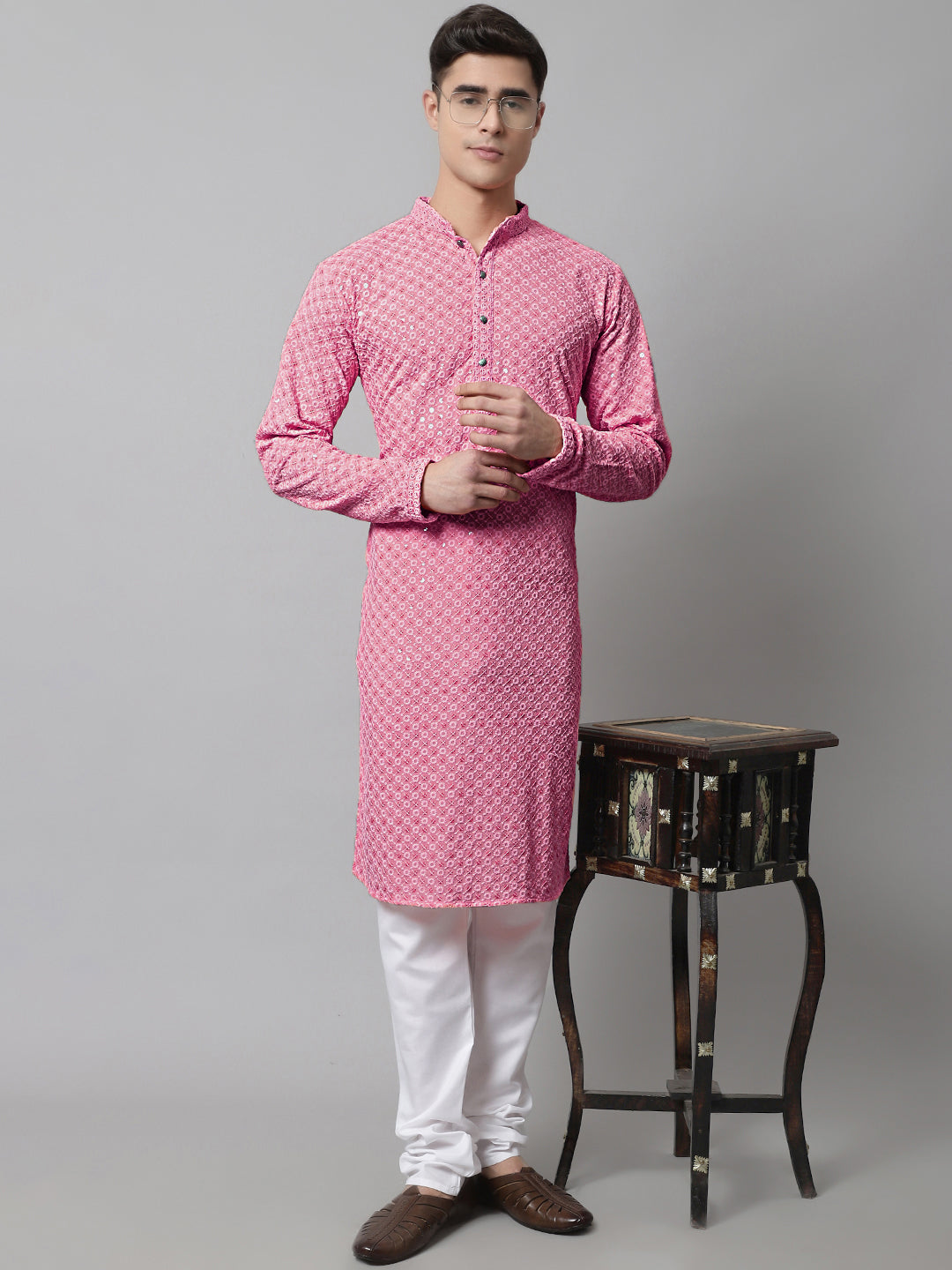 Men Pink Chikankari Embroidered And Sequence Kurtas