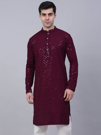 Men Purple Chikankari Embroidered And Sequence Kurtas.