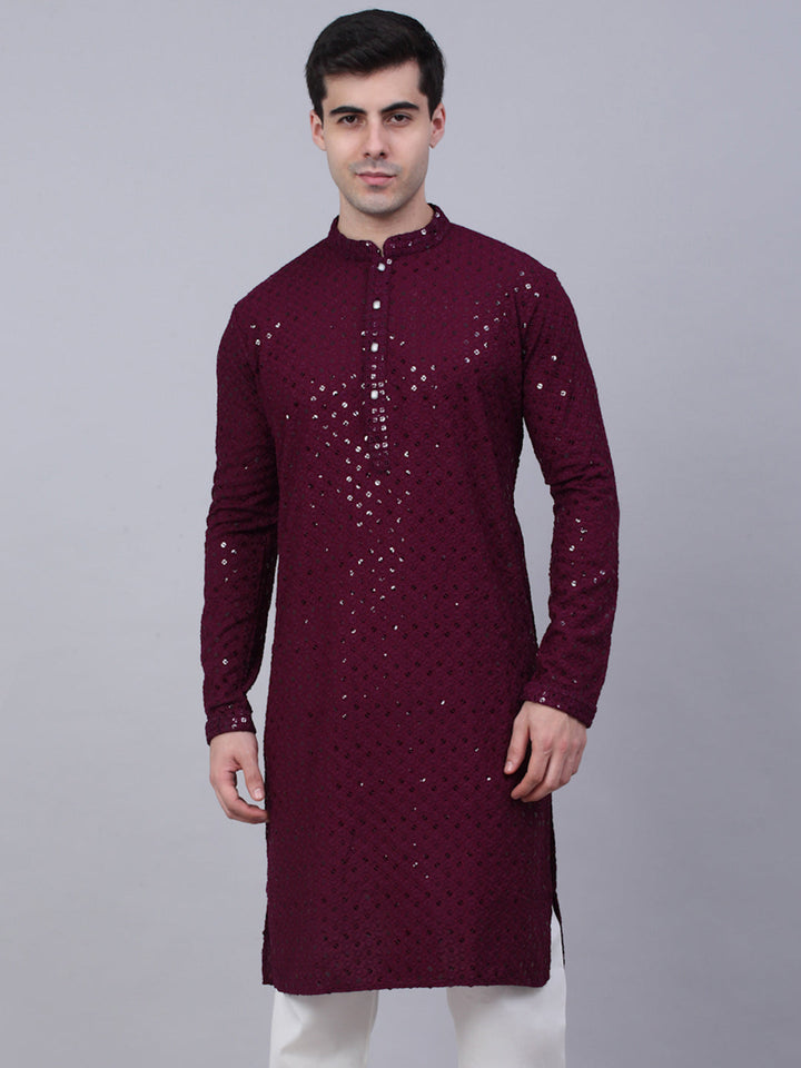 Men Purple Chikankari Embroidered And Sequence Kurtas.