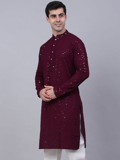 Men Purple Chikankari Embroidered And Sequence Kurtas.