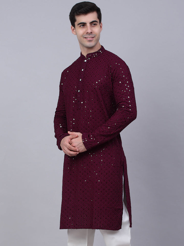 Men Purple Chikankari Embroidered And Sequence Kurtas.