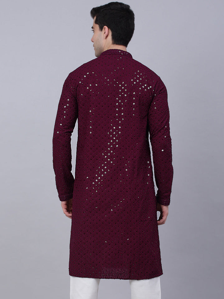 Men Purple Chikankari Embroidered And Sequence Kurtas.