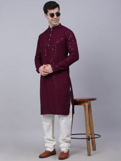 Men Purple Chikankari Embroidered And Sequence Kurtas.