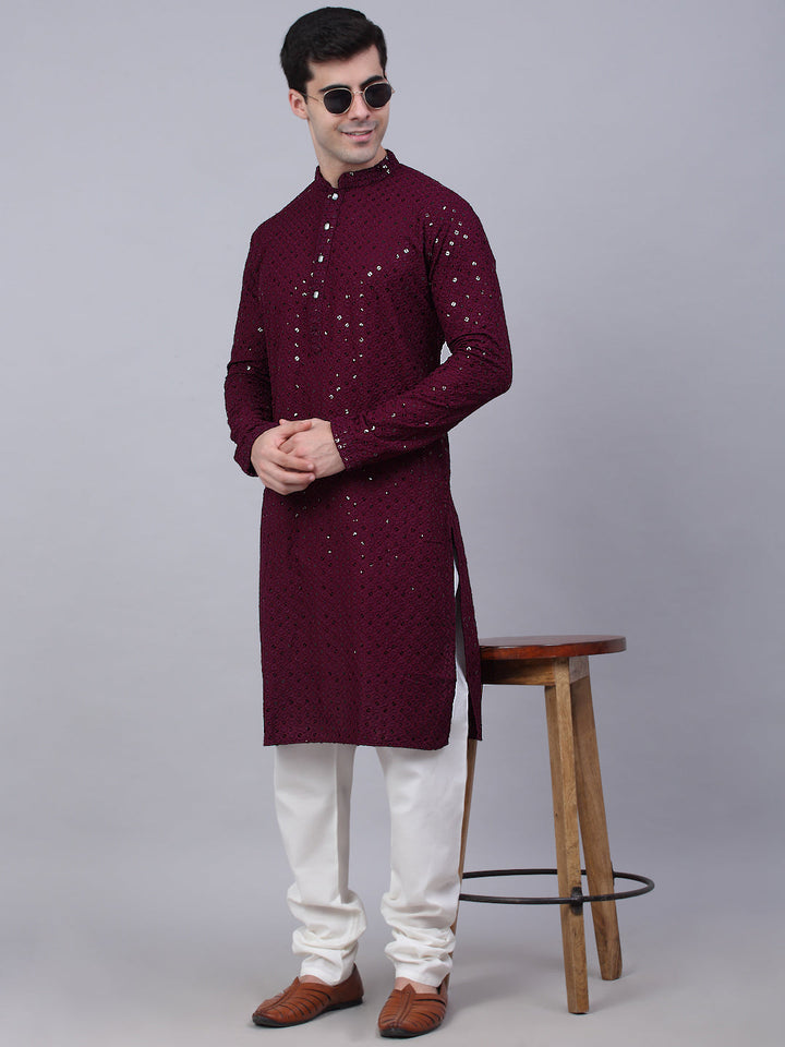 Men Purple Chikankari Embroidered And Sequence Kurtas.