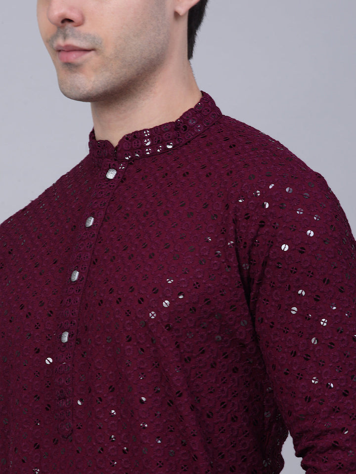 Men Purple Chikankari Embroidered And Sequence Kurtas.