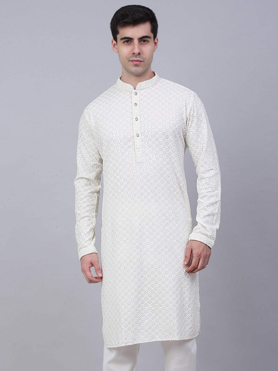 Men White Chikankari Embroidered And Sequence Kurtas.