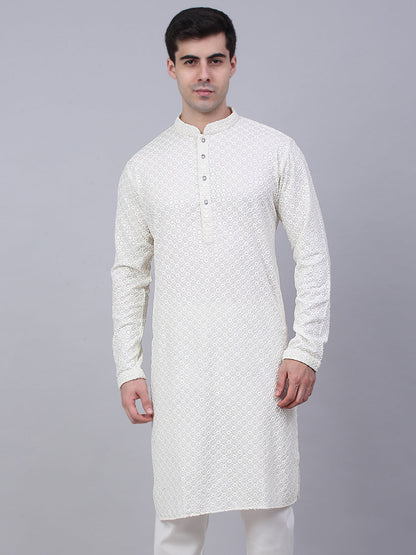 Men White Chikankari Embroidered And Sequence Kurtas.