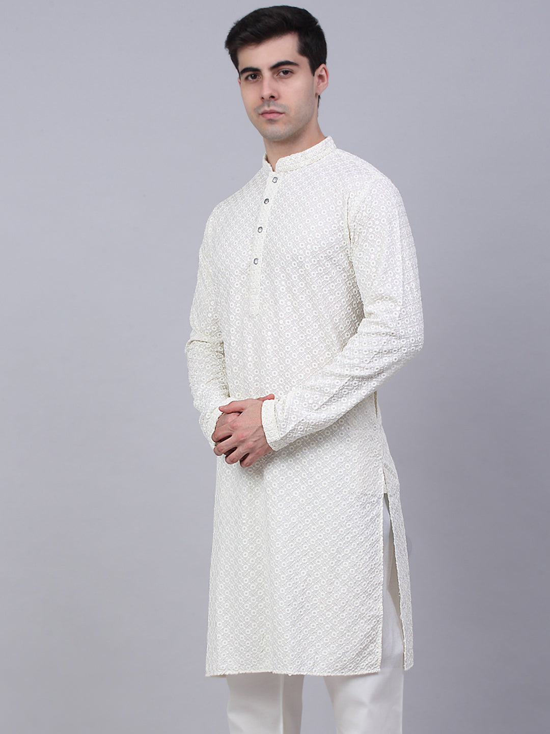 Men White Chikankari Embroidered And Sequence Kurtas.