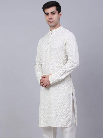 Men White Chikankari Embroidered And Sequence Kurtas.