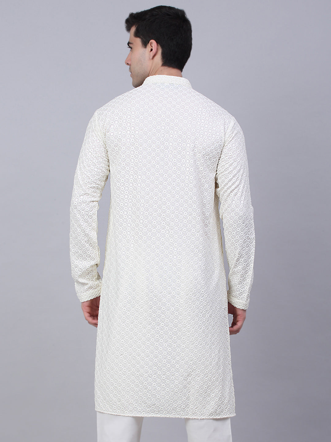 Men White Chikankari Embroidered And Sequence Kurtas.
