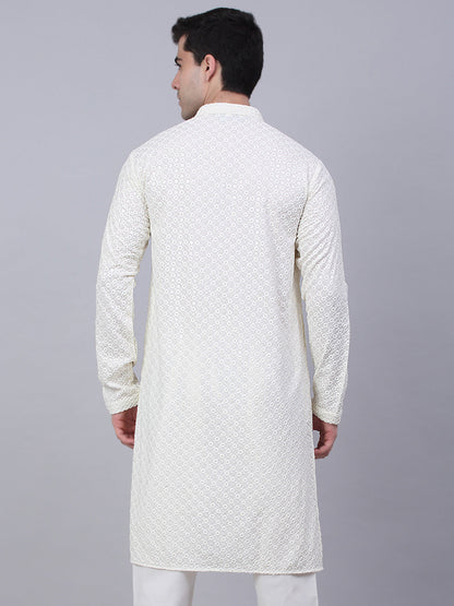 Men White Chikankari Embroidered And Sequence Kurtas.