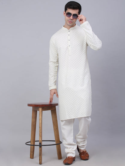 Men White Chikankari Embroidered And Sequence Kurtas.