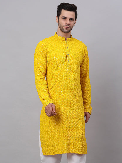 Men Yellow Chikankari Embroidered And Sequence Kurtas.