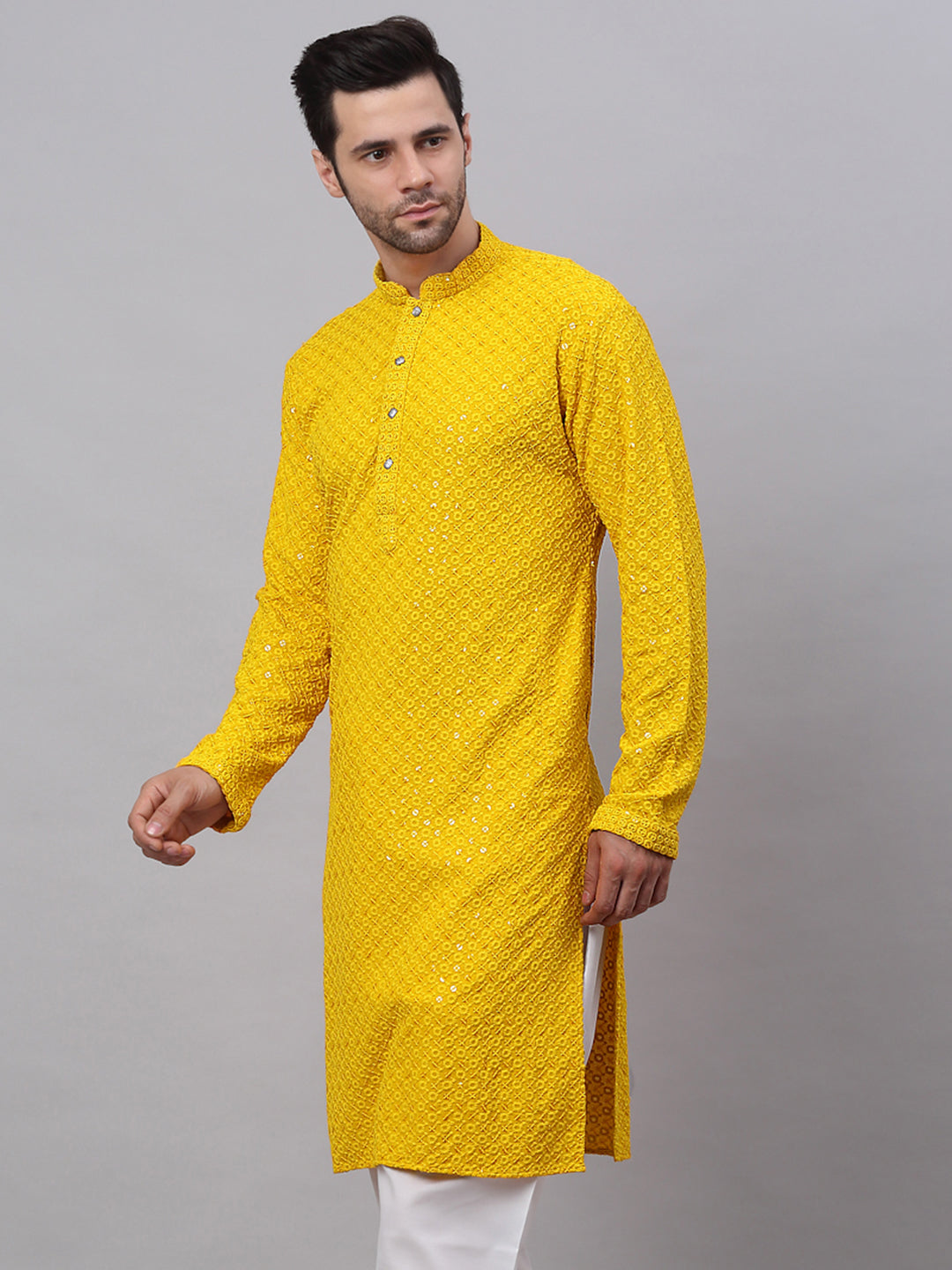 Men Yellow Chikankari Embroidered And Sequence Kurtas.