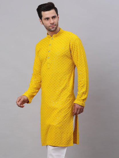 Men Yellow Chikankari Embroidered And Sequence Kurtas.