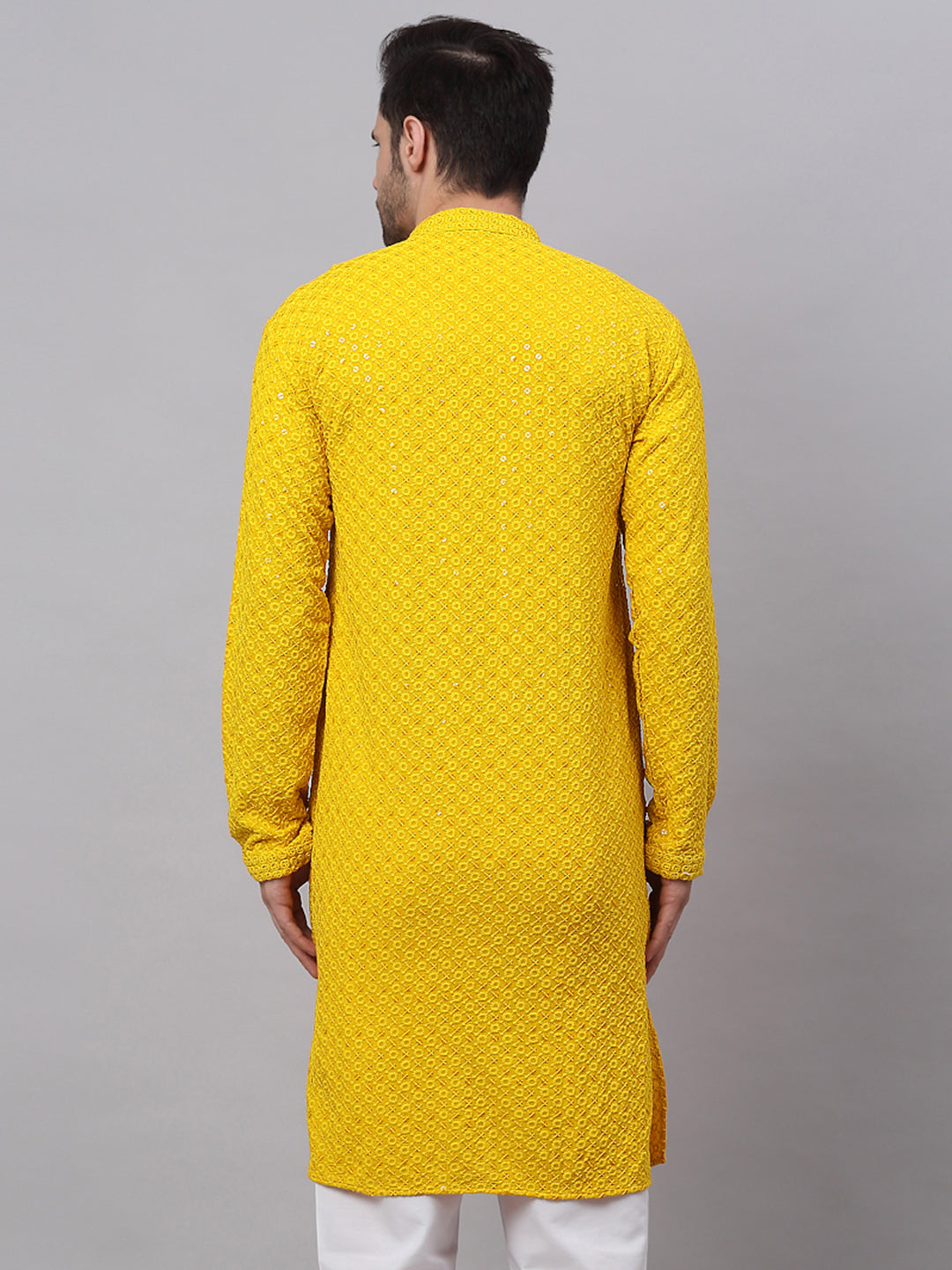 Men Yellow Chikankari Embroidered And Sequence Kurtas.