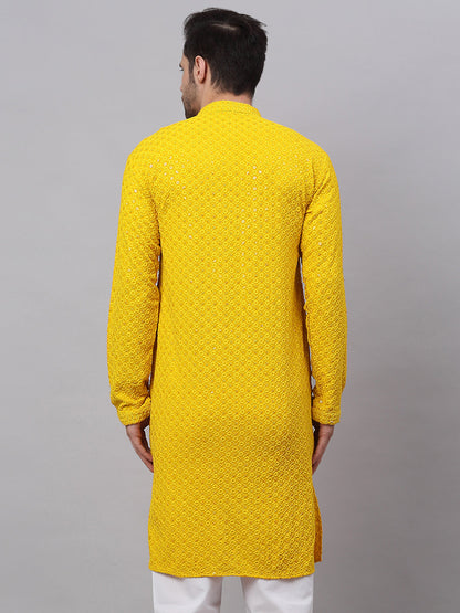 Men Yellow Chikankari Embroidered And Sequence Kurtas.