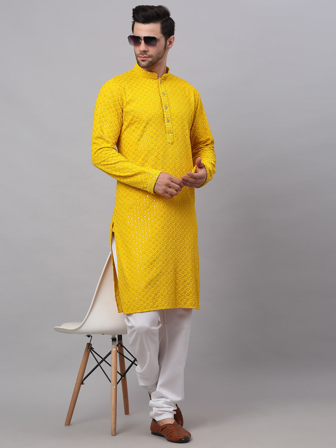 Men Yellow Chikankari Embroidered And Sequence Kurtas.