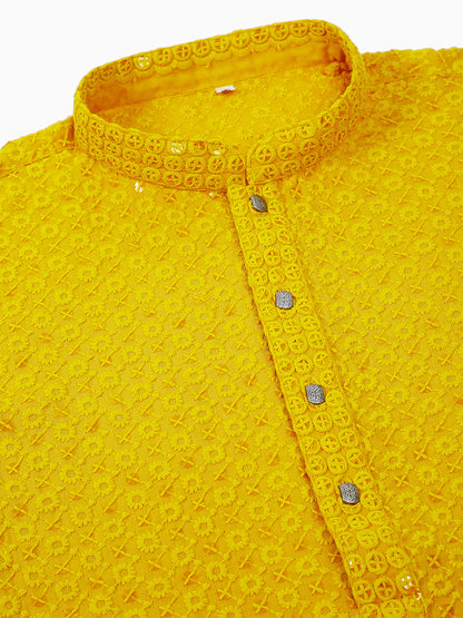 Men Yellow Chikankari Embroidered And Sequence Kurtas.