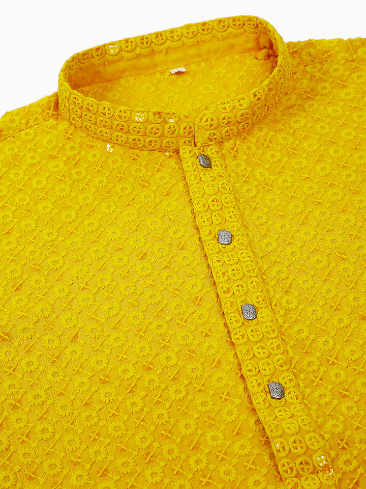 Men Yellow Chikankari Embroidered And Sequence Kurtas.