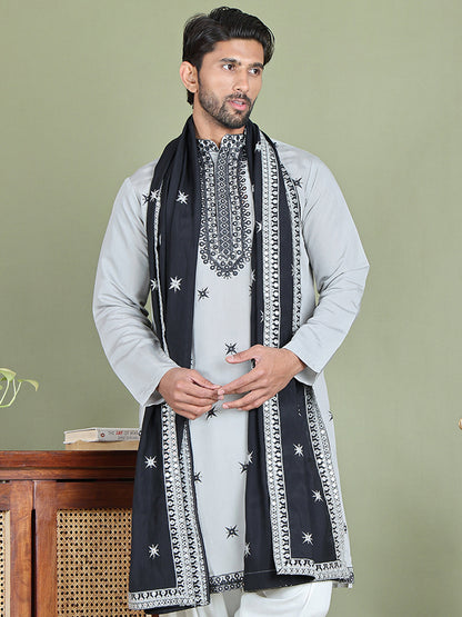 Embroidered Silk Blend Kurta With White Dupatta