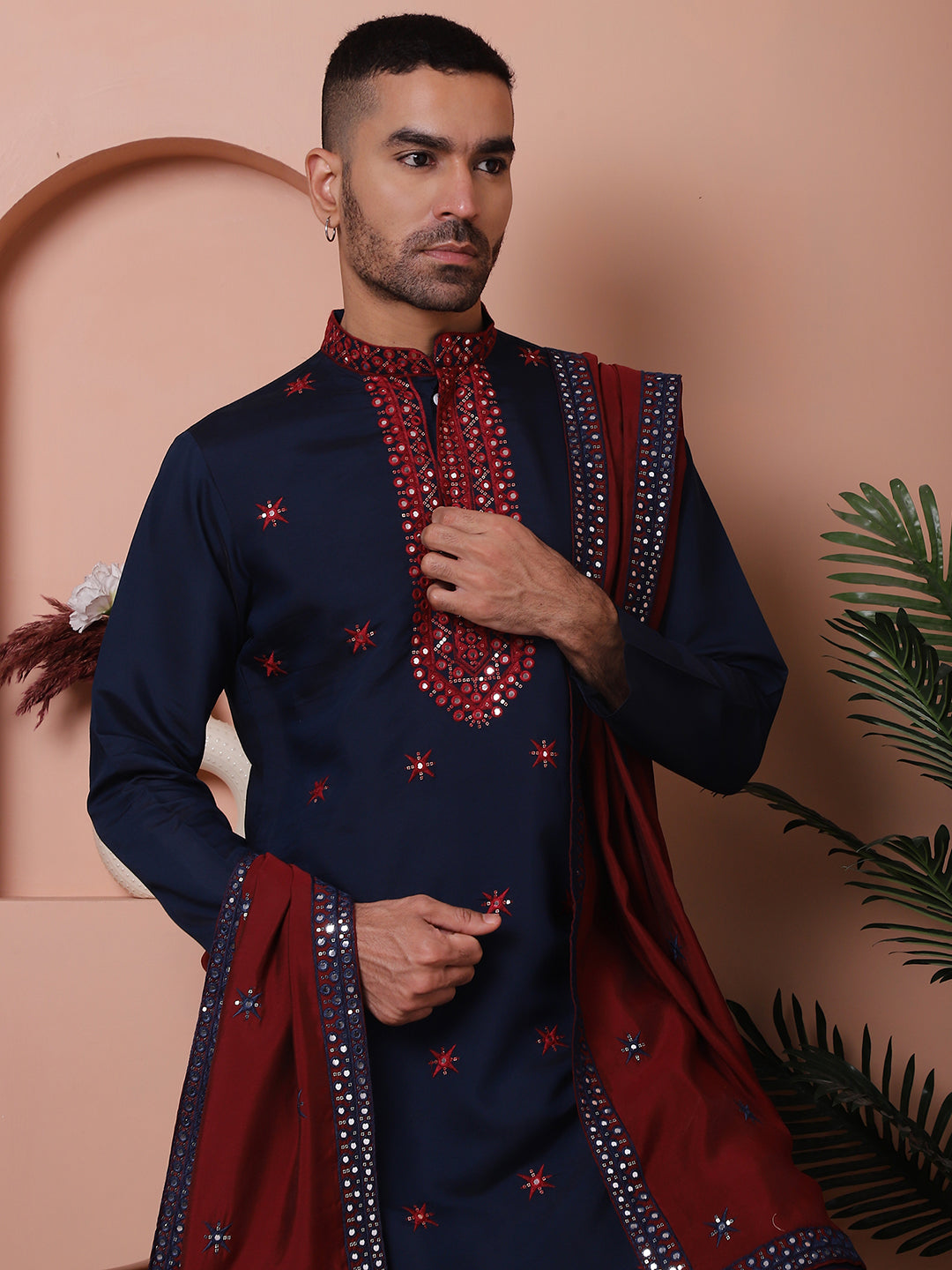 Embroidered Silk Blend Kurta With White Dupatta