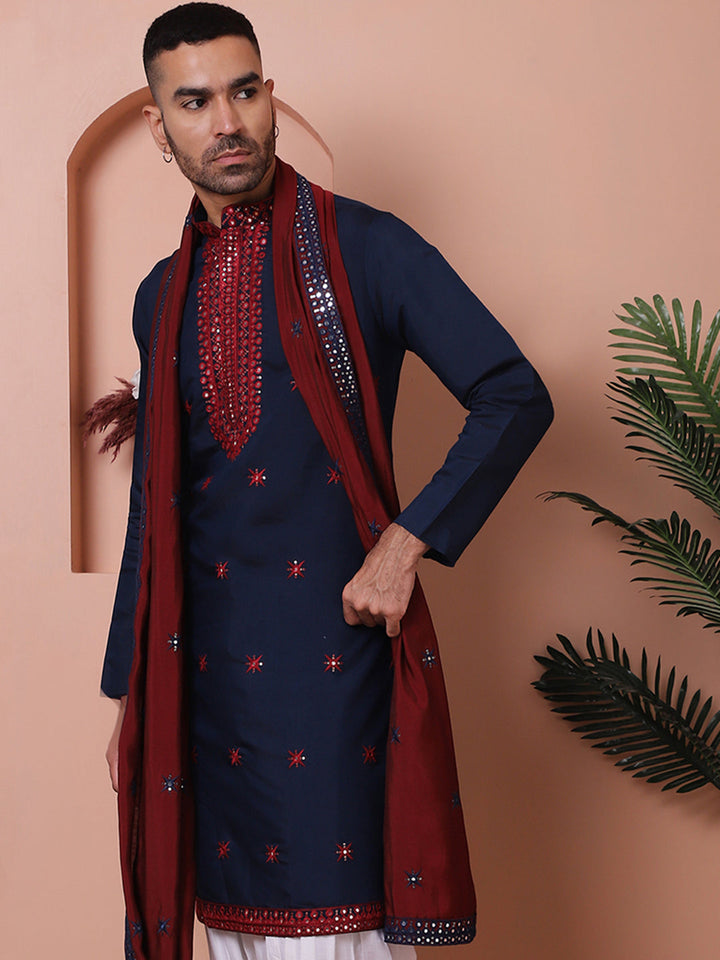 Embroidered Silk Blend Kurta With White Dupatta