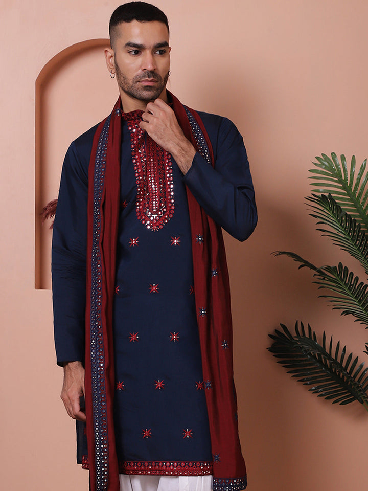 Embroidered Silk Blend Kurta With White Dupatta