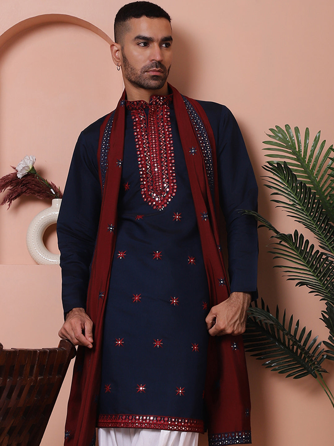 Embroidered Silk Blend Kurta With White Dupatta