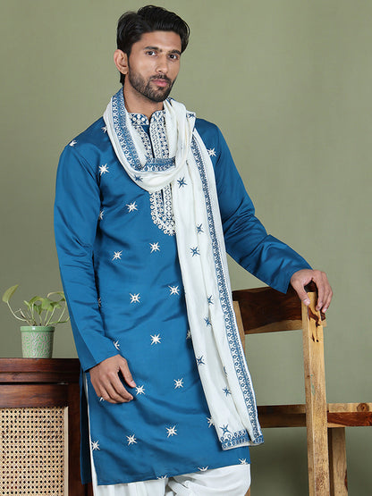 Embroidered Silk Blend Kurta With White Dupatta