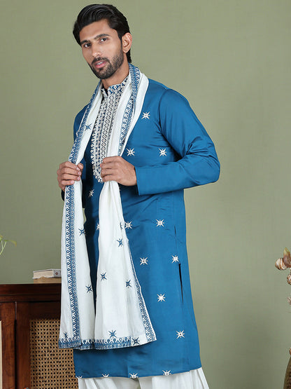 Embroidered Silk Blend Kurta With White Dupatta