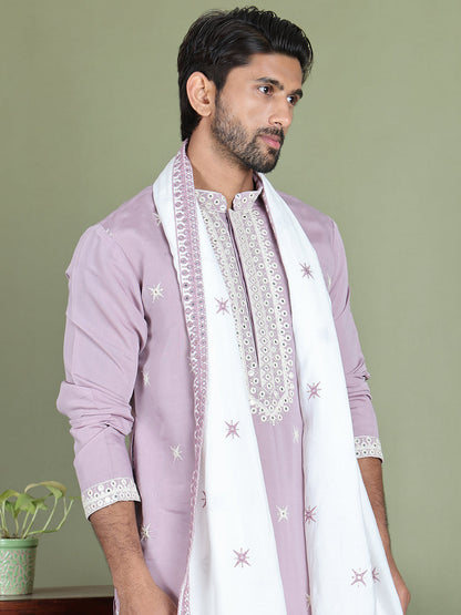 Embroidered Silk Blend Kurta With White Dupatta