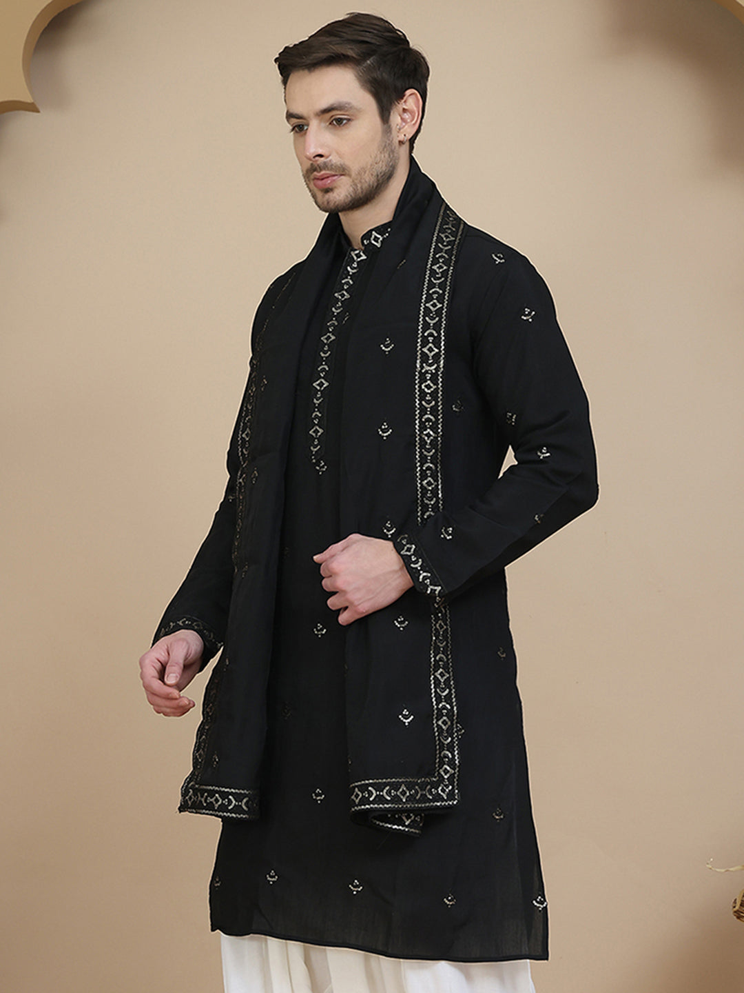 Embroidered Silk Blend Kurta With Matching Dupatta